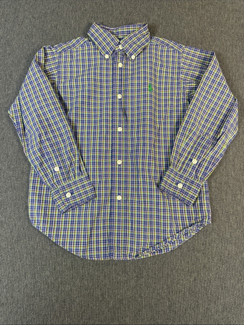 Ralph Lauren Polo Boys 5 Button Down Long Sleeve Shirt Plaid Blue Green Cotton